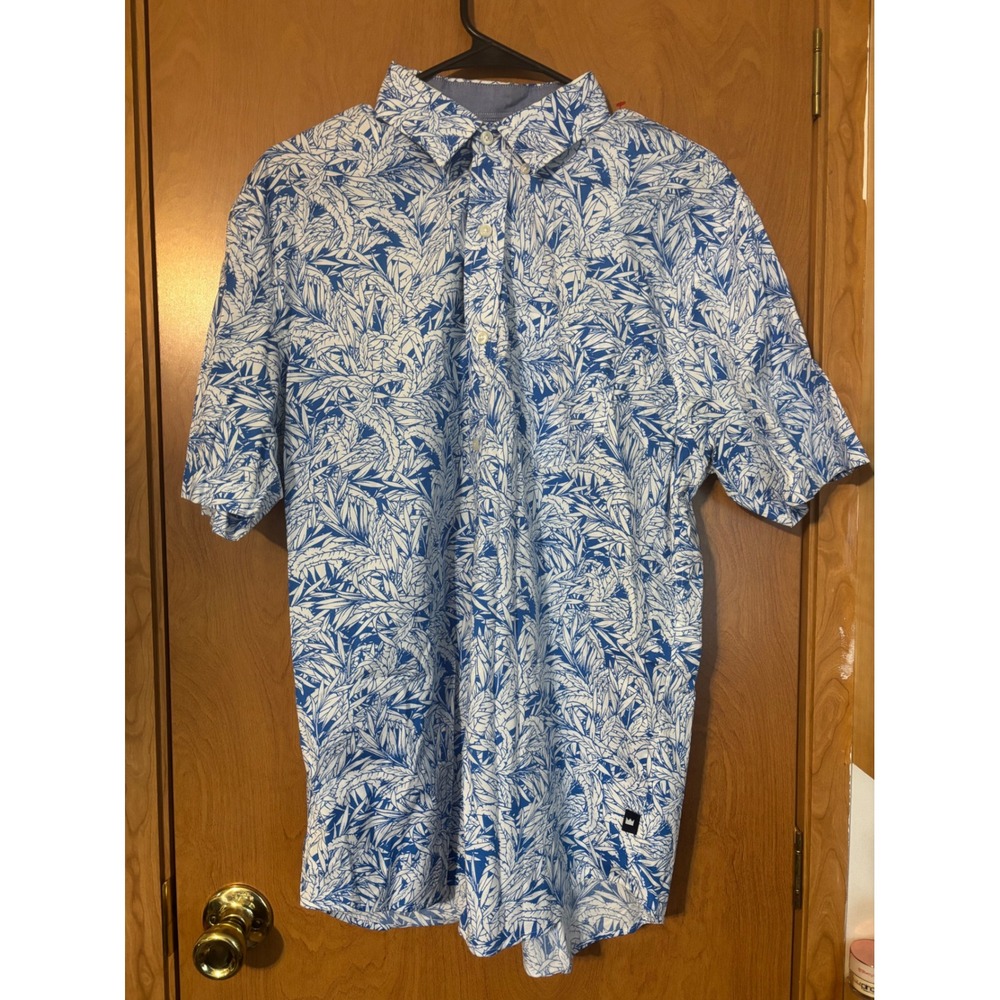 Crown & Ivy Mens Blue White Tropical Leaf Print Short Sleeve Button Down Shirt M
